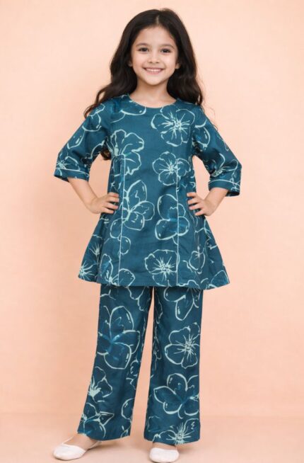 Girl's Blue Cotton Gather Co-ord Set