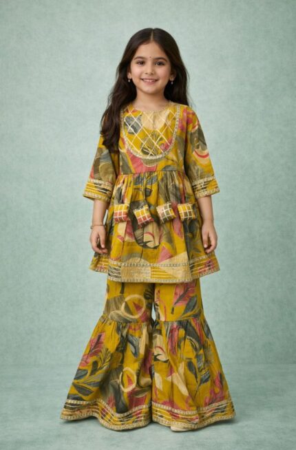 Girl’s Exquisite Mustard Color Kurti Sharara