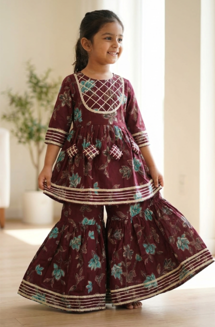 Girl’s Exquisite Voilet Color Kurti Sharara Set