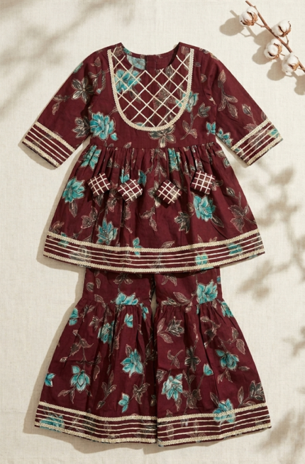 Girl’s Exquisite Voilet Color Kurti Sharara Set