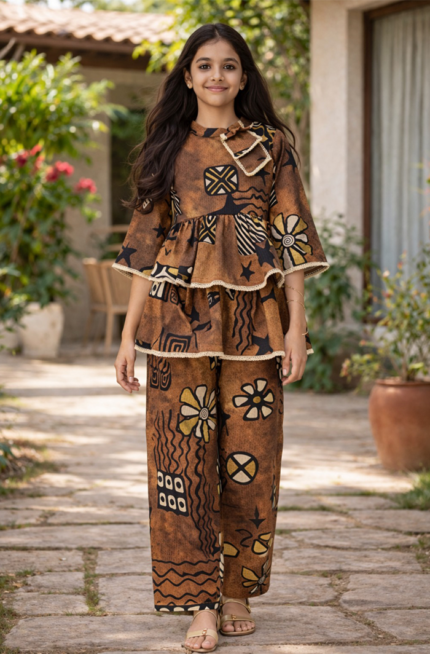 Brown Flared Co-ord Set for Girls