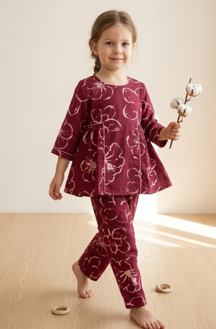 Girls Maroon Cotton Gather Co-ord Set