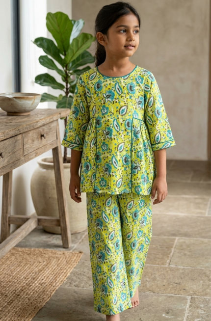 Light Green Gather Co-ord Set for Girls