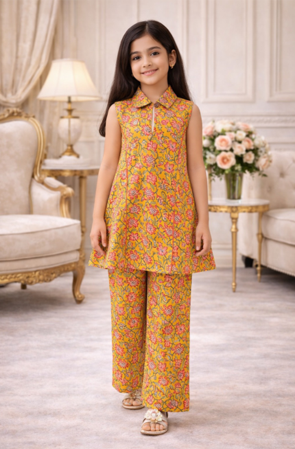 Mustard Sleeveless Co-ord Set for Girls