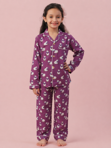 Girls Organic Cotton Night suit – Purple Printed Nightwear Set