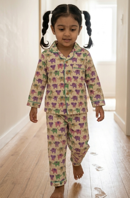 Girls Organic Cotton Night suit – Multicolor Elephant Print