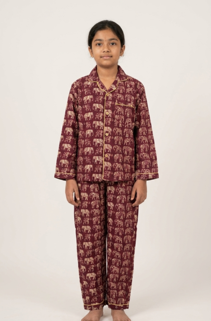 Girls Organic Cotton Maroon Night suit with Elephant Print