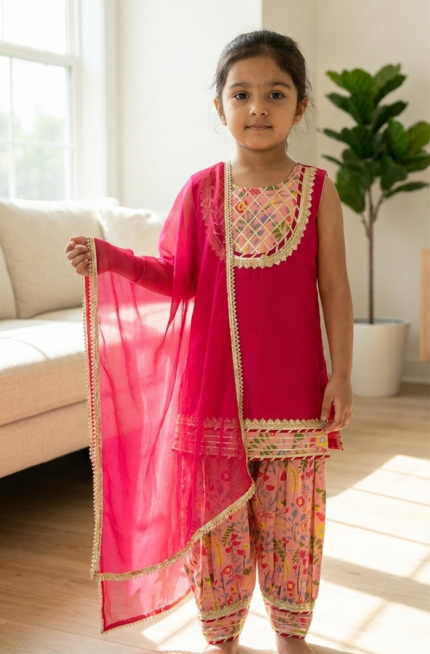 Pink Blossom Sleeveless Kurti Afghani Pant Set with Dupatta