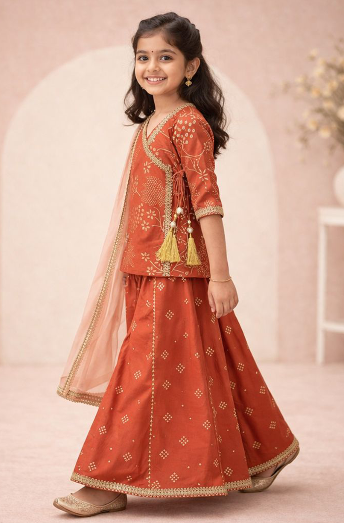 231.2 Sunset Rust Angrakha Kurti Palazzo Set with Dupatta