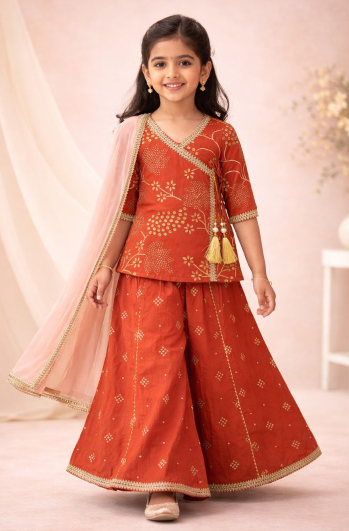 231.3 Sunset Rust Angrakha Kurti Palazzo Set with Dupatta