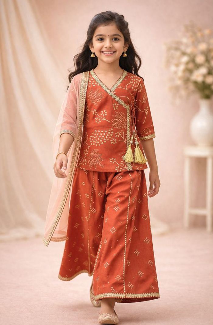 231.4 Sunset Rust Angrakha Kurti Palazzo Set with Dupatta