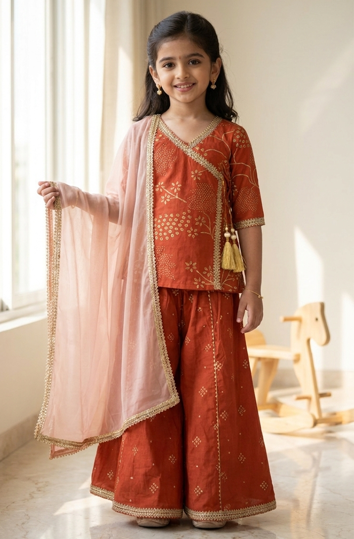 231.6 Sunset Rust Angrakha Kurti Palazzo Set with Dupatta