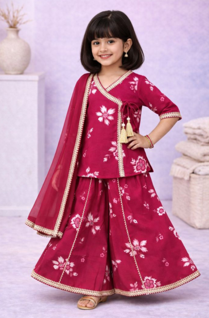 Royal Wine Angrakha Kurti Palazzo Set with Dupatta