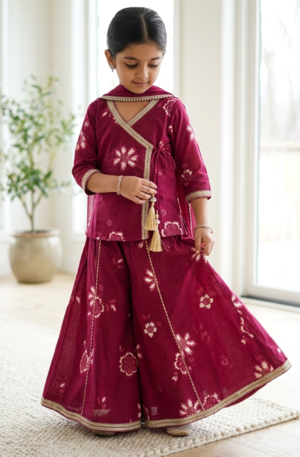 Royal Wine Angrakha Kurti Palazzo Set with Dupatta