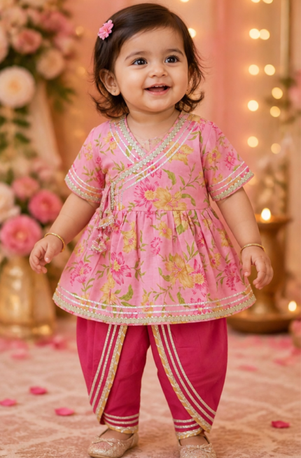 Infant Girls Pink Floral Kurti Dhoti Set