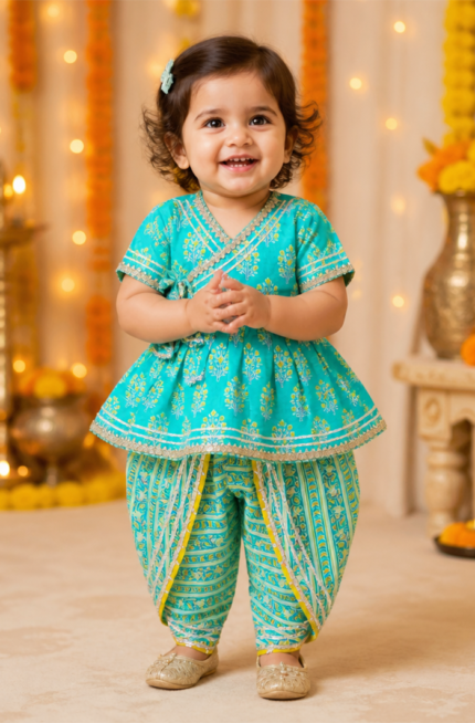 Infant Girls Cotton Kurti Dhoti Set – Turquoise Blue