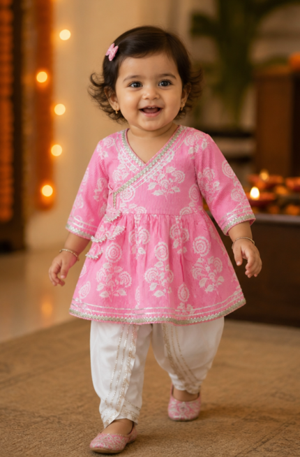 Pink & white Ethnic Dhoti Set for Baby Girls
