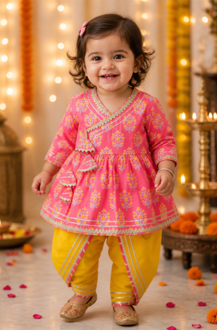 Pink & Yellow Ethnic Dhoti Set for Baby Girls