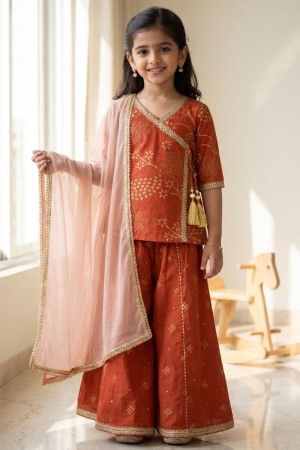Girl wearing rust orange Angrakha kurti palazzo set with dupatta in Cotton festive ethnic wear for kids
