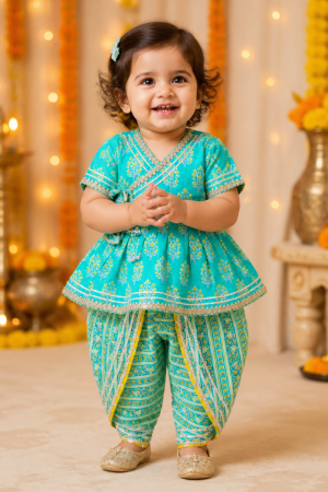 Baby girl ethnic kurti dhoti set turquoise blue cotton outfit