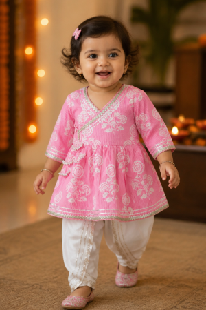 Infant Girls Cotton Kurti Dhoti Set – pink and white