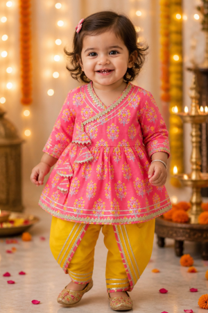 Baby Girls Pink & Yellow Ethnic Dhoti Set